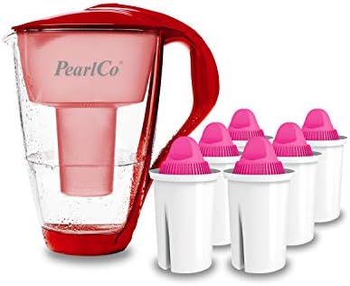 Szklany filtr do wody PearlCo (czerwony) z 6 wkładami filtrującymi alkalicznymi Classic  Made in EU