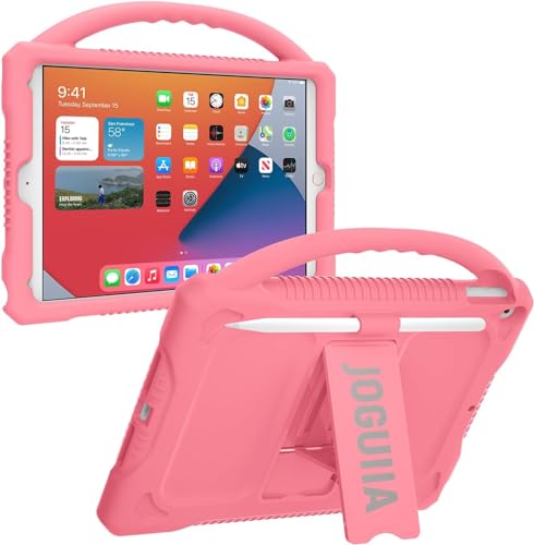 JOGUIIA Kids Case for iPad 10.2,Premium Silicone Shockproof Kids Cover for iPad 10.2inch 2021/2020/2019,Built-in Stand Handle for Apple iPad 9th 8th 7th Generation(Pink)