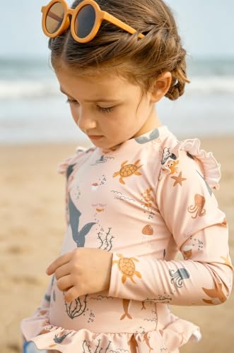 Image of Girls One Piece Swimsuits Zipper Rash Guard Long Sleeve Bathing Suit with Ruffle Hem UPF50+