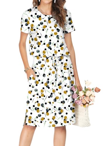 Image of Simier Fariry Womens Summer Hide Belly Knee Length Travel Dress Pocket Short Sleeve Midi Work Casual Outfits