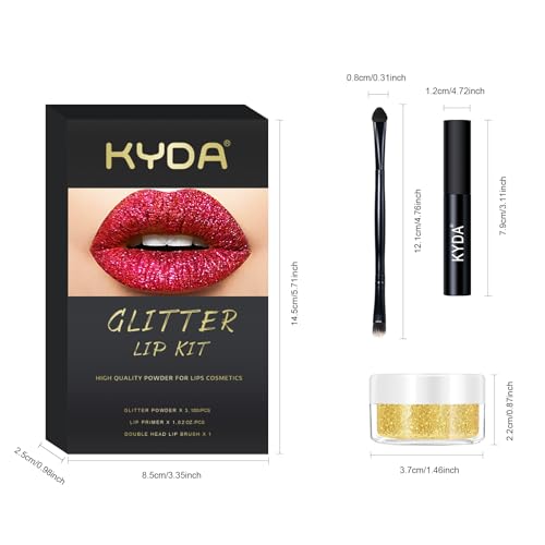 kyda 3 colors glitter lip kit diamond metllic high pigmented powder for lips cosmetics glitter lips makeupwith lip primer and brush long wear-set d
