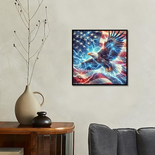 Image of 4th of July 5D DIY Diamond Painting Kits for Adults, American Flag Eagle Lightning Diamond Art Kits for Adults, Patriotic Full Round Drill Gem Painting Art Kits Wall Decor 13.8x13.8 Inch
