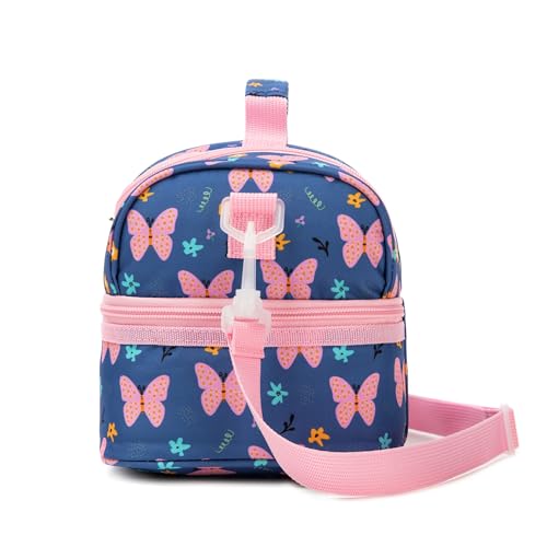 Image of Insulated Kids Dual Compartment Lunch Bags Tote Pack for Bento Girls Boys Toddler Kindergarten School Picnic Food Cooler Boxes with Shoulder Strap (2 Butterfly, Double Decker)