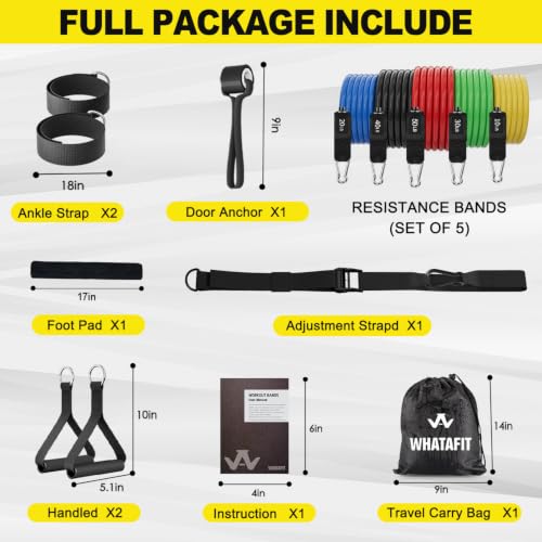 Image of WHATAFIT Resistance Bands, Exercise Bands, Workout Bands with Handles, Door Anchor and Ankle Straps, 5 Resistance Levels Fitness Bands for Strength Training, Physical Therapy, and Home Gym Equipment