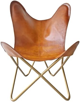 Leather Jackson Leather Living Room Chairs-Butterfly Chair Brown Leather Butterfly Chair-Handmade with Powder Coated Folding Iron Frame (Cover with Folding Frame) (Golden Frame)