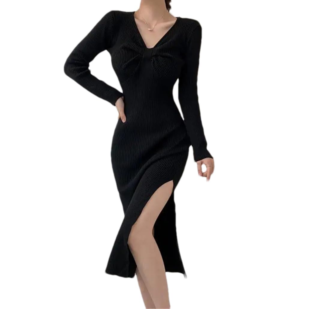 Vestido de punto delgado con cuello en V sólido para mujer, vestido de otoño e invierno, vestidos de fiesta vintage
