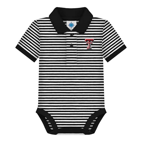 Image of Creative Knitwear College Baby Striped Polo Bodysuit - Texas Tech Red Raiders Logo, Black/White, for Boys & Girls, 3-6 Months
