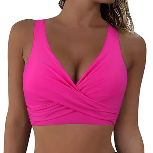 Hilor Plus Size Underwire Bikini Top for Women Push Up Supportive Swim Top Hot Pink Sexy V Neck Swim Tops 16-18