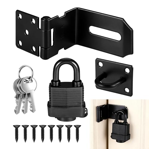 Image of 90 Degree Door Lock Latch, 4 Inch Stainless Steel Hasp Latch with Padlock Keys Screws, Heavy Duty Hasp Lock, Waterproof Pad Lock Latches for Mailbox Wooden Gate Shed Cabinet