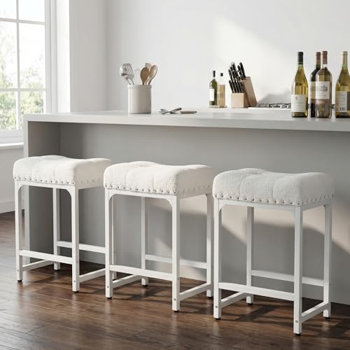 Image of Counter Height Bar Stools Set of 2, 24 Inch Bar Stools for Kitchen Counter, White Boucle Saddle Backless Barstools, Modern Counter Stools Kicthen Island Stools, Off White