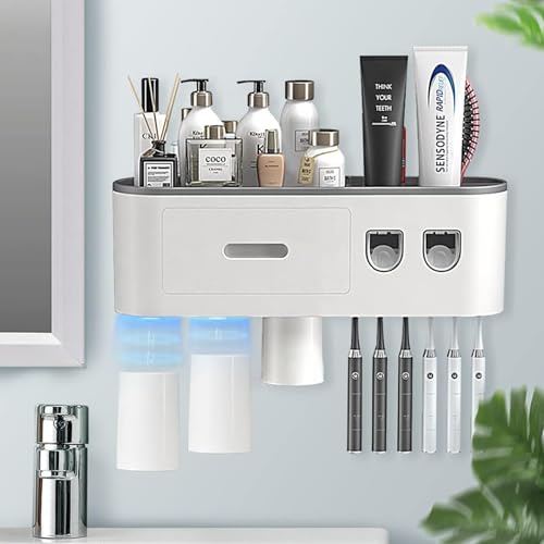 Toothpaste Dispenser, Automatic Toothpaste Squeezer Dispenser for Kids & Family Bathroom, No Drilling Wall Mounted Electric Toothbrush Holder with 6 Brush Slots, 3 Cups and Drawer