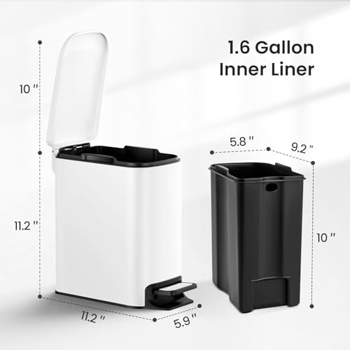 Cesun-Small-Bathroom-Trash-Can-with-Lid-16-Gal-Soft-Close-White-Step-pedal-soft-close-Slim-59in-fits-narrow-spaces-Stainless-steel-Anti-fingerprint-Removable-inner-bucket-Odor-seal