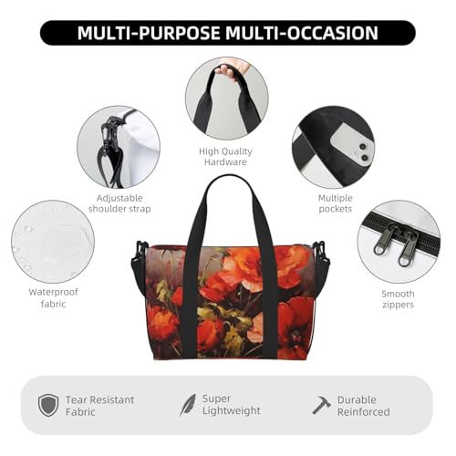 Sports Gym Bag for Women Men Travel Duffel Bag Tote Weekender Bag Carry on Overnight Bag for Travel Swimming Fitness Workout Sports Oil painting red flower Duffle Bag3