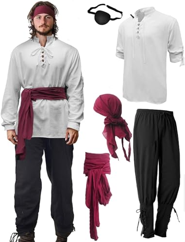 Vercico 5 Pieces Pirate Costume Adult Men Eye Patch Medieval Shirt Trousers Bandana Belt, Pirate Outfit Halloween Costumes for Carnival, Cosplay Parties (White, XXL)