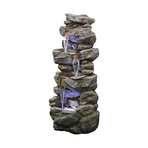Sunjet 40In Outdoor Water Fountain With Led Lights - 4-Tier Polyresin Rock Water Fountain For Home Garden, Yard, Patio, Deck Decor - Soothing Tranquility Floor-Standing Fountain #TOP5