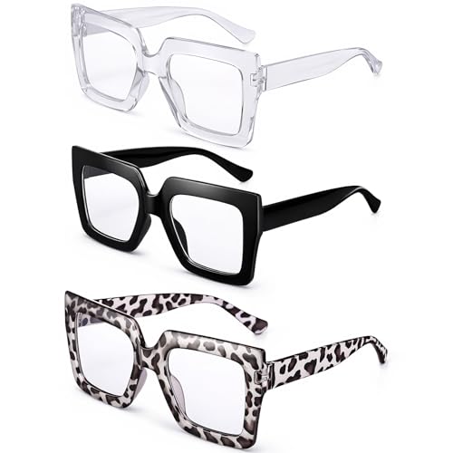 JATEBI Oversized Blue Light Glasses for Women 3 Pack - Fashion Thick Square Computer TV Eyewear Eyeglasses Non-PrescriptionAmber