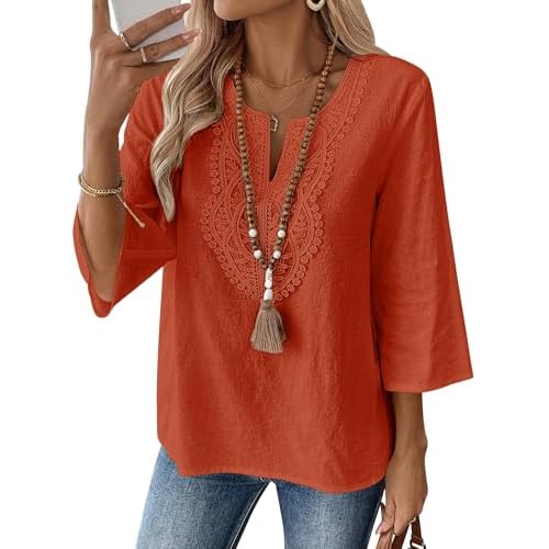 LOMON Womens 3/4 Sleeve Tops Linen Shirts Cotton Tops