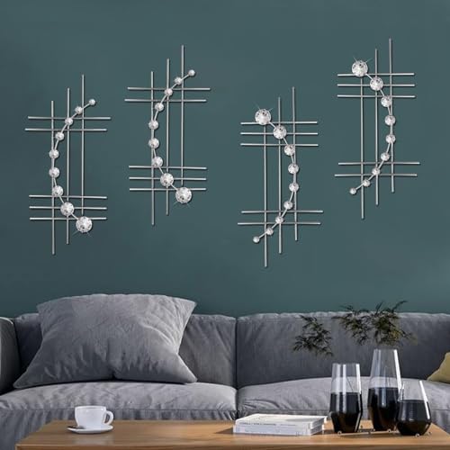 ZEXUIRU 4 Pcs Abstract Metal Wall Art for Home Decor Living Room Bedroom Bathroom Office Metal Bling Modern Geometric Hanging Vertical Small Iron Sculpture Plaque Pack -Silver 16.5in