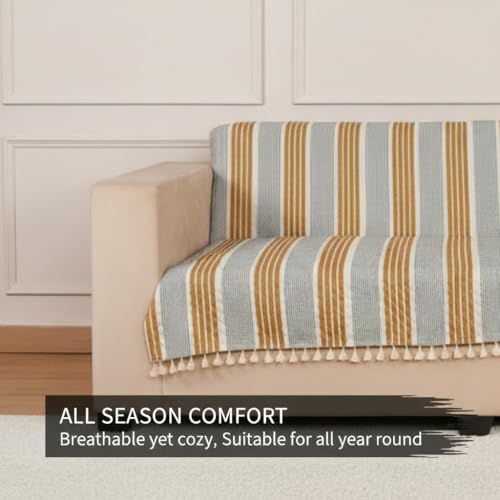 Image of STITCHNEST Quilted Velvet Sofa Cover with Tassels - 48x60 Inch, Mustard & Grey Striped Design, Soft & Stylish, Washable Sofa Protector for 2-Seater