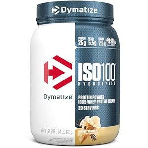 Dymatize ISO100 Whey Protein Powder Isolate, Gourmet Vanilla, 25g of Protein, 20 Servings, 5.5g BCAAs, Less Than 120 Cal., Gluten Free, 1g Fat, 1g Sugar, 2g Carb
