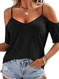 Eachyes Womens Summer Cold Shoulder Tops Low Back Short Sleeve V Neck T Shirts Sexy Casual B Black Large