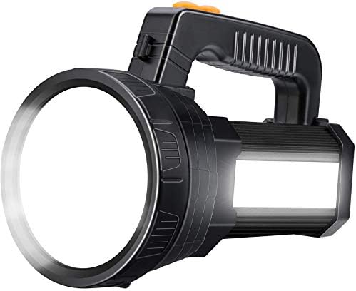 Super Bright LED Handheld Spotlight Flashlight Rechargeable 9600mAh 6000 Lumens Long Lasting Spot Light Waterproof Tactical Torch, 6 Light Modes Side Floodlight, USB Output PowerBank