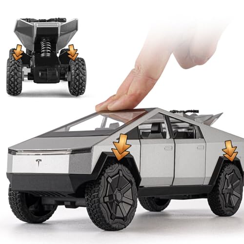 Image of DEOXY 1:32 Scale Tesla Cybertruck Model Collection Enthusiasts Toy Pull Back Pick-Up Truck with Sound and Light, Alloy Diecast Cyber-Truck Toys for Kids Gift (Not Including Mini Car - Silver)
