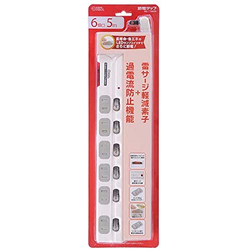 オーム電機 雷ガード ブレーカー 個別スイッチ付 節電タップ 00-1980 ホワイト