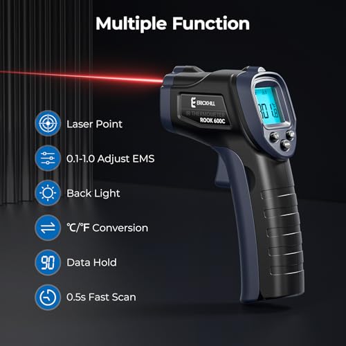 ERICKHILL Infrared Thermometer -50℃~600℃ Compact Size Non-Contact Laser Thermometer Gun LCD Backlit Digital Display Adjustable Emissivity - for Vehicle Repair/Cooking/BBQ/Freezer/Food, Black Blue
