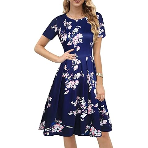 oxiuly Women's Vintage Floral Casual Dress Fit and Flare Party Swing Dresses with Pockets OX365 (L, NB pinkf) Cover