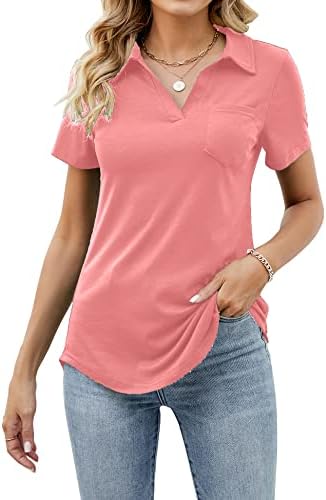 Collared Shirts for Women Short Sleeve Polo Tunic Tops V Neck Casual Blouse Pink S