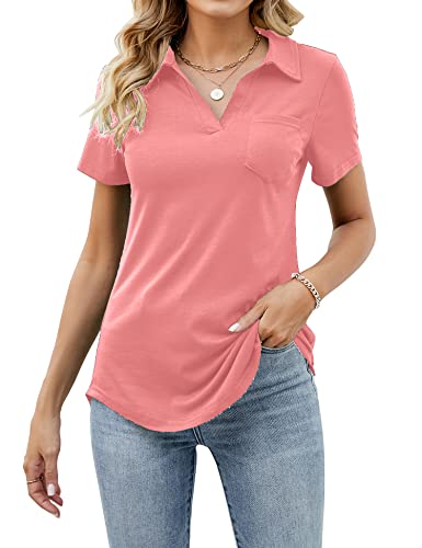 Collared Shirts For Women Short Sleeve Polo Tunic Tops V Neck Casual Blouse Pink S #TOP4