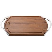 Nambe Carve & Serve Station Acacia Wood Carving Board with Nambe Alloy Handles, Subtle Moat Design for Juicy Meats, Elegant Serving Tray for Kitchen & Dining, 0.8" H x 14" W x 22.4" L