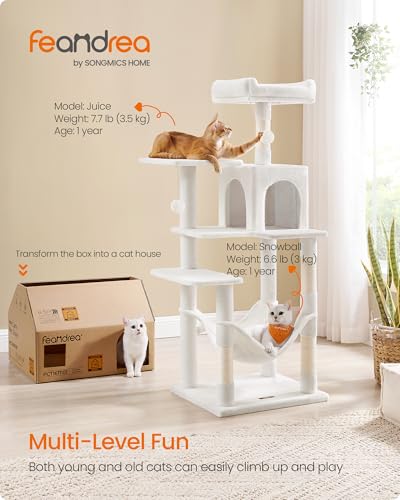 Image of Feandrea Cat Tree, 54.2-Inch Cat Tower, Plush Multi-Level Condo with 4 Scratching Posts, 2 Perches, Hammock, Cave, Cream White UPCT161T01