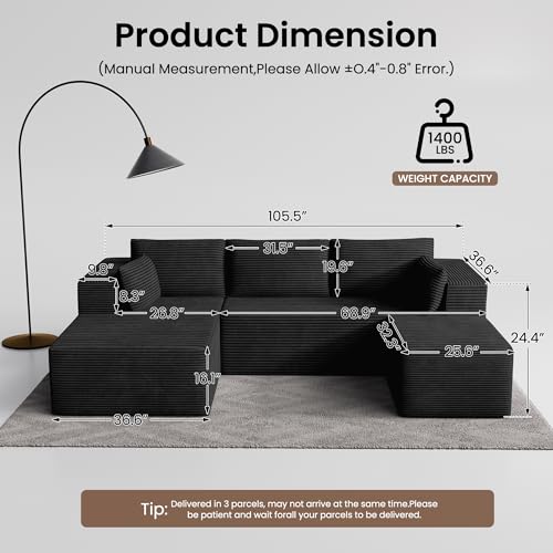 Image of 106 inch Cloud Sectional Boneless Couches for Living Room, Modular U Shaped Couch with Deep Seat, Removable Ottoman, Memory Foam Compressed Spineless 4 Seater Sofa for Bedroom Apartment, Black