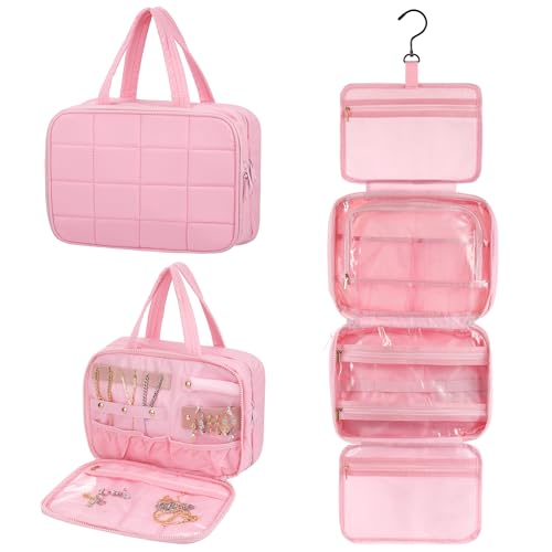 Starvortex Trousse de Toilette a Suspendre, Trousse de Toilette Voyage avec Organisateur Bijoux, Grande Trousse de Toilette Femme Étanche Pliable, Trousse Maquillage à Multiples Compartiments (Rose)