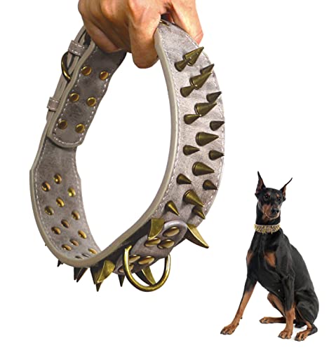 Kawagogo Spiked Dog Collar with Sharp Spikes,PU Leather, Protect The Dog s Neck from Bites,Fit Large Medium Dogs,Pitbull Rottweiler Doberman (Grey, L)