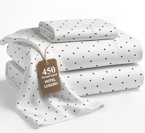LANE LINEN Twin Cotton Sheets Sets  450 Thread Count 100% Long Staple Cotton, Naturally Cooling & Soft, 15 Deep Pocket Fully Elasticized Fitted Sheet, Premium Bed Sheets Twin, Polka Dot Black