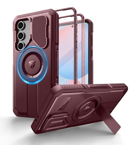 Image of Dexnor for Samsung Galaxy S24 FE Case with Camera Cover & Adjustable Kickstand & Built-in Screen Protector, Magnetic Rugged Shockproof Bumper Cases Heavy-Duty Magnetic Protective Cover,Maroon Red