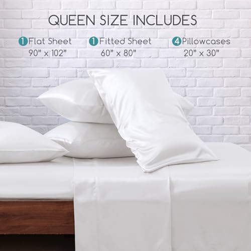 Image of MR&HM Satin Bed Sheets, Queen Size Sheets Set, 6 Pcs Silky Bedding Set with 15 Inches Deep Pocket for Mattress (Queen, White)