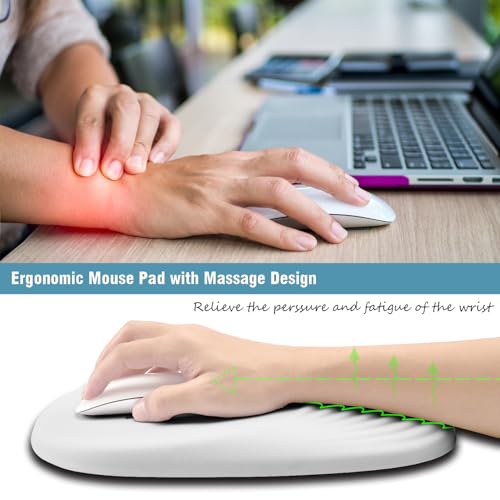 Ergonomic Mouse Pad Wrist Support, White Mouse Pad with Wrist Rest, Entire Memory Foam & Non-Slip PU Base MousePads with Massage Design for Pain Relief, Desk, Office, 12" x 8" x 1.2" Inch - Image 3