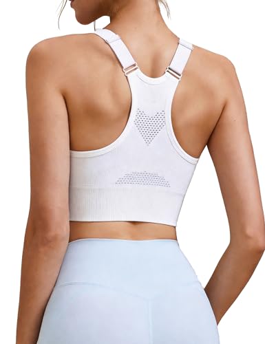Litherday High Impact Sports Bras Women Support Bra Seamless Racer Back Breathable Mesh Gym Tops Adjustable Shock Absorber Yoga Gym Tops White M