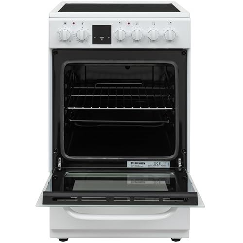 Telefunken Standherd mit Glaskeramik-Kochfeld | Elektroherd freistehend 50 cm breit | Herd mit Backofen und Kochfeld | 55 Liter | 5 Betriebsarten | 4 Kochzonen | LED-Display | EEK A | Weiß | BSHC55AI