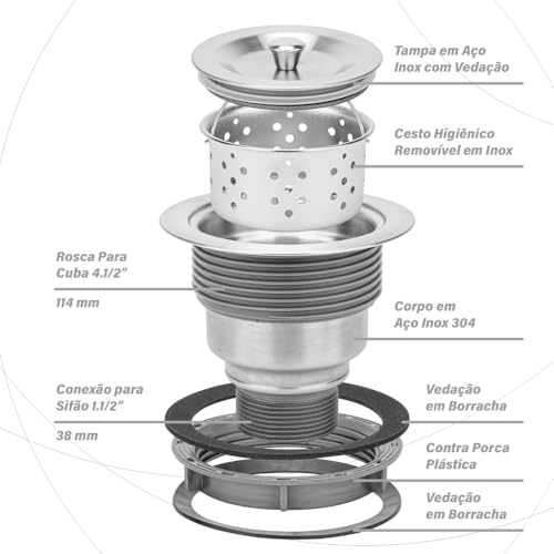 Válvula Cuba Pia Cozinha 4 1/2 Inox 304 Iura Korb Com Cesto Removível Ralo