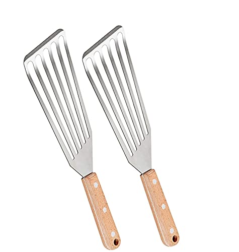 Image of Fish Spatula Turner, Smooth Solid Wood Handle Fish Turner, Stainless Steel Slotted Spatula (Pack of 2)