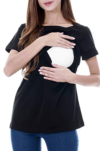 Smallshow Women's Nursing Top Striped Short Sleeve Breastfeeding Comfy T-Shirt 3-Pack Black/Army Green/Navy Stripe Medium #TOP1