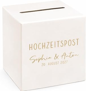 Personalisierte Geldgeschenk Box Hochzeit – HOCHZEITSPOST Kuvertbox & Briefbox für Geldgeschenke – Creme & Gold mit Namen & Datum – Geschenkbox Hochzeit Kartenbox 24x24x24 cm