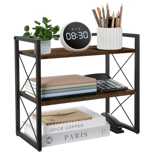 VYUOL Desktop Shelf Organizer, 2 Tier Office Shelves, Wood Desk Organizer Storage Rack and Freestanding Display Shelf for Office, Dormitory, Home (Retro)