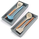 Kitchen Drawer Organizer - Set of 2, Stackable Bamboo Organizers, Wooden Storage Box Tray for Utensi