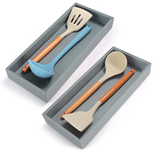 Kitchen Drawer Organizer - Set Of 2, Stackable Bamboo Organizers, Wooden Storage Box Tray For Utensils, Flatware, Forks, Spoons Bathroom Countertop Organization For Makeup, Perfume, Jewelry (Grey) #TOP3